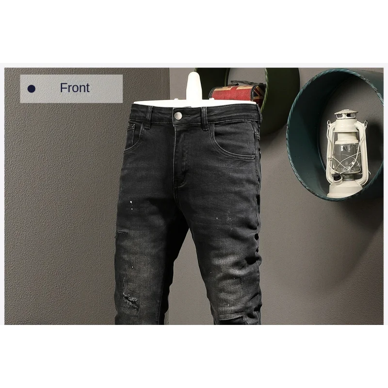 High end black jeans for men, trendy brand, fashionable street ruff, handsome, ripped hole patch, elastic slim fit, short leg pa
High end black jeans for men, trendy brand, fashionable street ruff, handsome, ripped hole patch, elastic slim fit, short leg pa