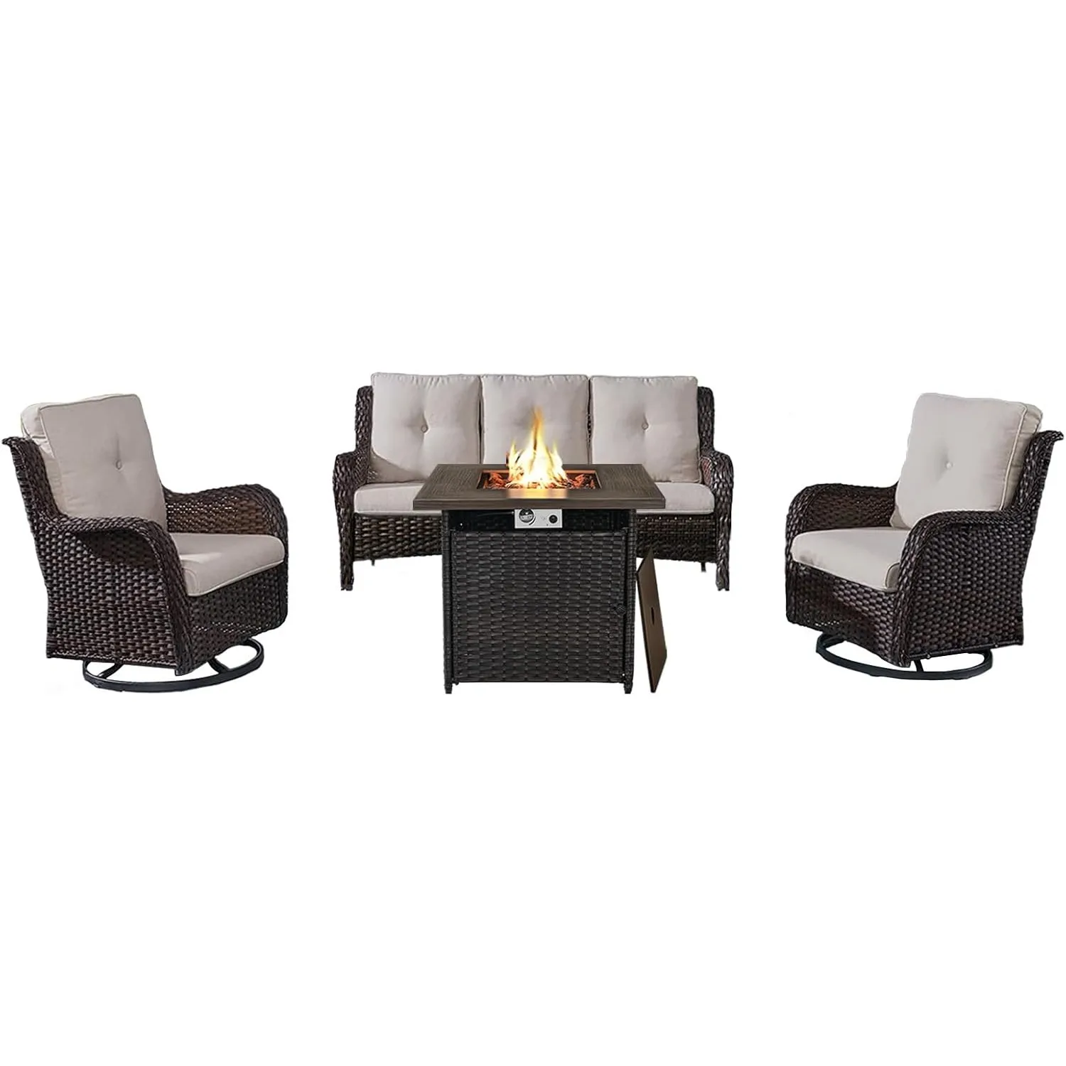 Outdoor Patio Furniture Set with 50000BTU Propane Fire Pit Table, 4 Pieces Wicker Patio Set with 2 Swivel Rocker
Outdoor Patio Furniture Set with 50000BTU Propane Fire Pit Table, 4 Pieces Wicker Patio Set with 2 Swivel Rocker