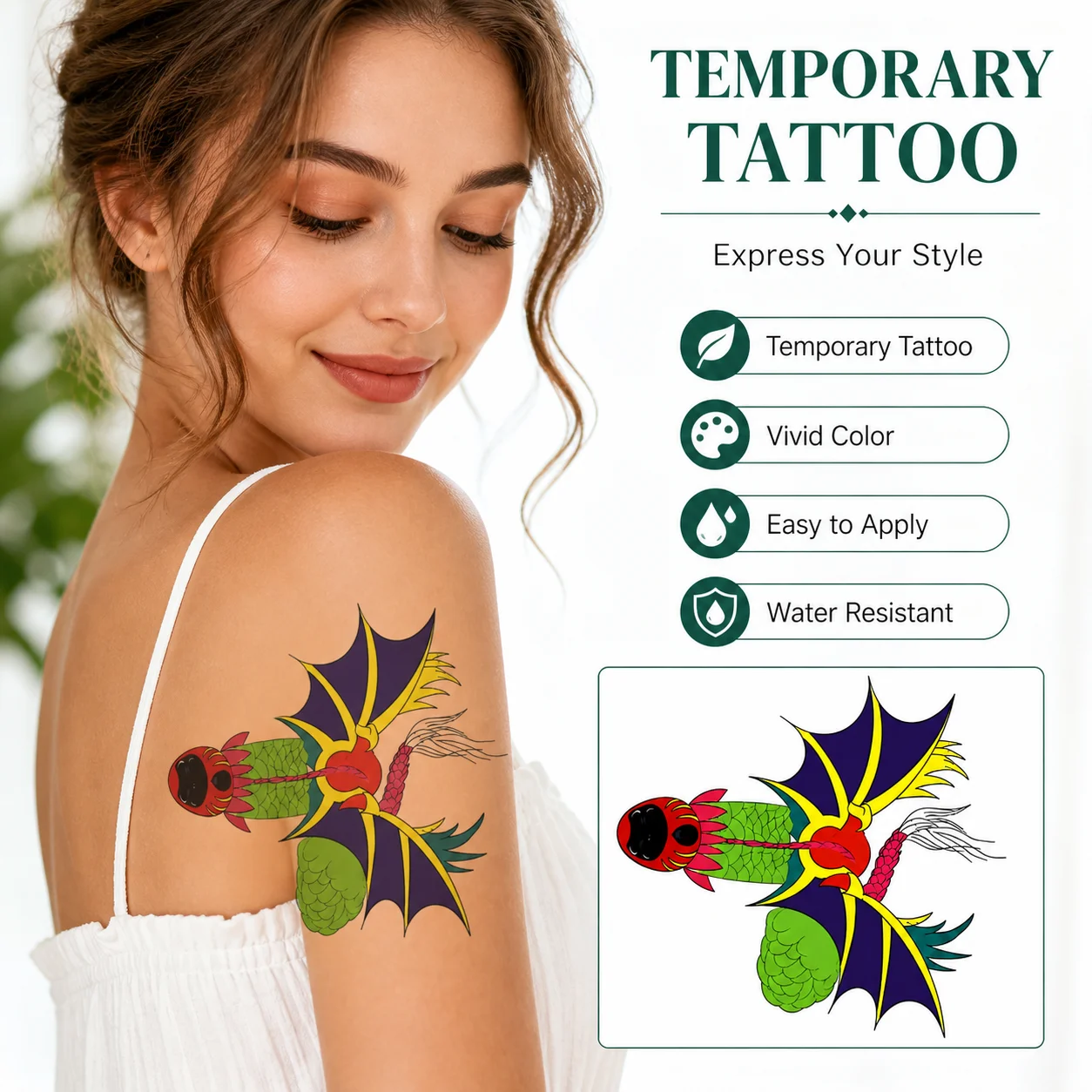 1 pcTemporary Dragon Fish Tattoo Sticker, Colorful Waterproof Body Art for Arm Shoulder Back, Party Festival Decor
1 pcTemporary Dragon Fish Tattoo Sticker, Colorful Waterproof Body Art for Arm Shoulder Back, Party Festival Decor