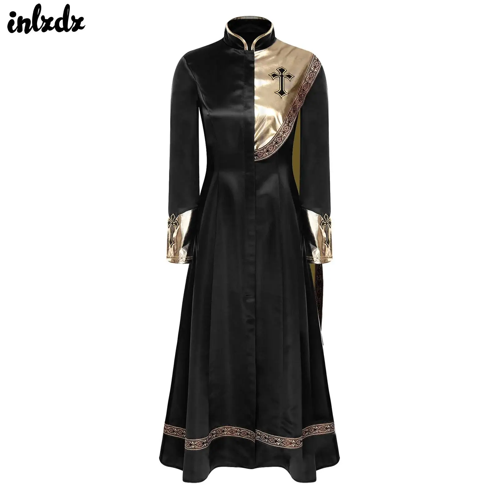 Womens Priest Church Clergy Cassock Cosplay Costume Long Robe Halloween Outfits Metallic Shiny Drape Front Zipper Jackets Coats
Womens Priest Church Clergy Cassock Cosplay Costume Long Robe Halloween Outfits Metallic Shiny Drape Front Zipper Jackets Coats