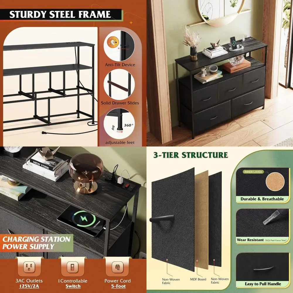 Black Dresser with 5 Drawers, Fabric TV Stand with Charging Dock, Chest with Open Shelves or 45 TV, Storage Drawers for Living R
Black Dresser with 5 Drawers, Fabric TV Stand with Charging Dock, Chest with Open Shelves or 45 TV, Storage Drawers for Living R