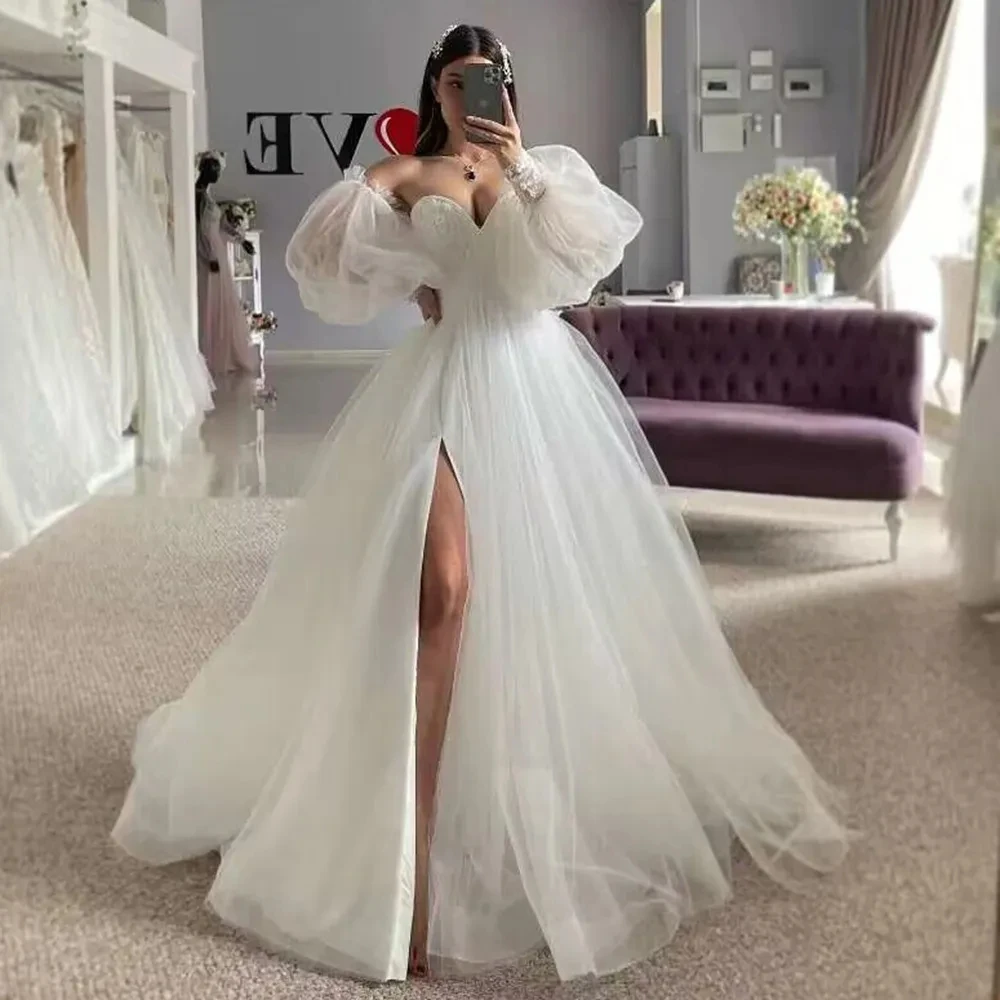 Beautiful Sweet Wedding Dresses Off Shoulder High Split Fluffy Long Sleeves Princess Tulle Appliques Lace Court Train Bride Gown
Beautiful Sweet Wedding Dresses Off Shoulder High Split Fluffy Long Sleeves Princess Tulle Appliques Lace Court Train Bride Gown