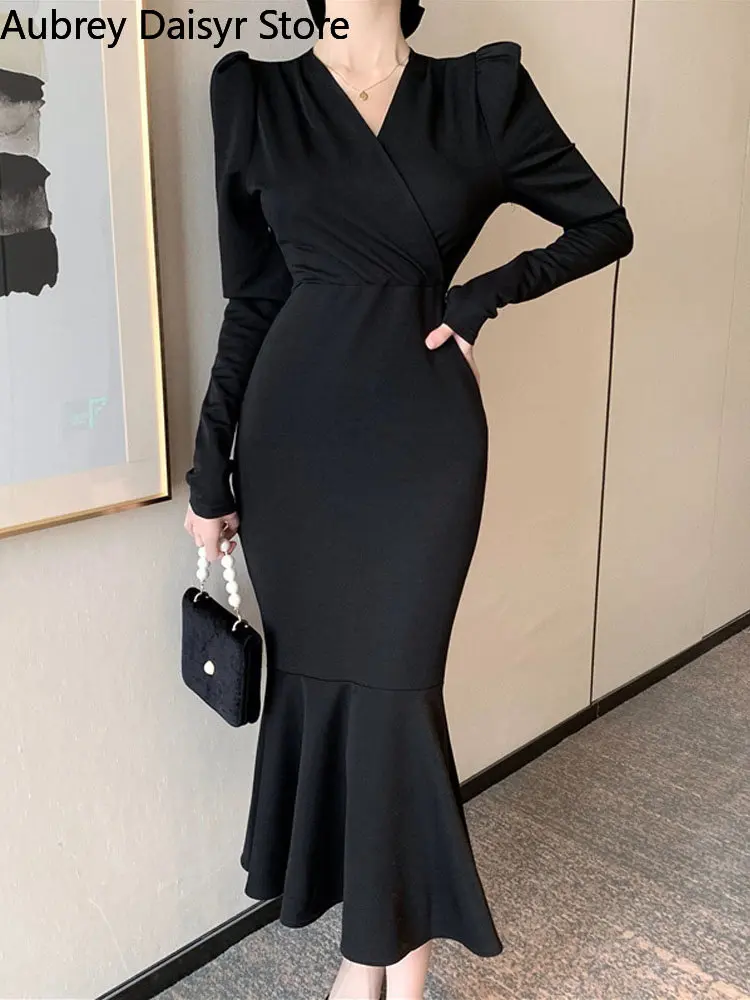 Sexy V-neck Black Mermaid Dress Women Elegant Vintage Chic Puff Sleeve Midi Dress Female Korean Casual Evening Party Dress 2022
Sexy V-neck Black Mermaid Dress Women Elegant Vintage Chic Puff Sleeve Midi Dress Female Korean Casual Evening Party Dress 2022