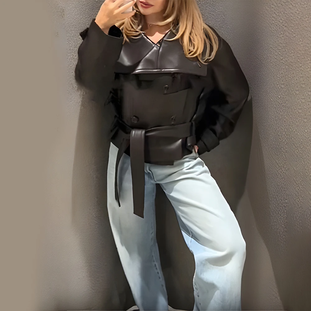 Осенняя модная женская короткая кожаная куртка с поясом на двойных пуговицах в европейском и американском стиле, Новое поступление, женское пальто
Осенняя модная женская короткая кожаная куртка с поясом на двойных пуговицах в европейском и американском стиле, Новое поступление, женское пальто