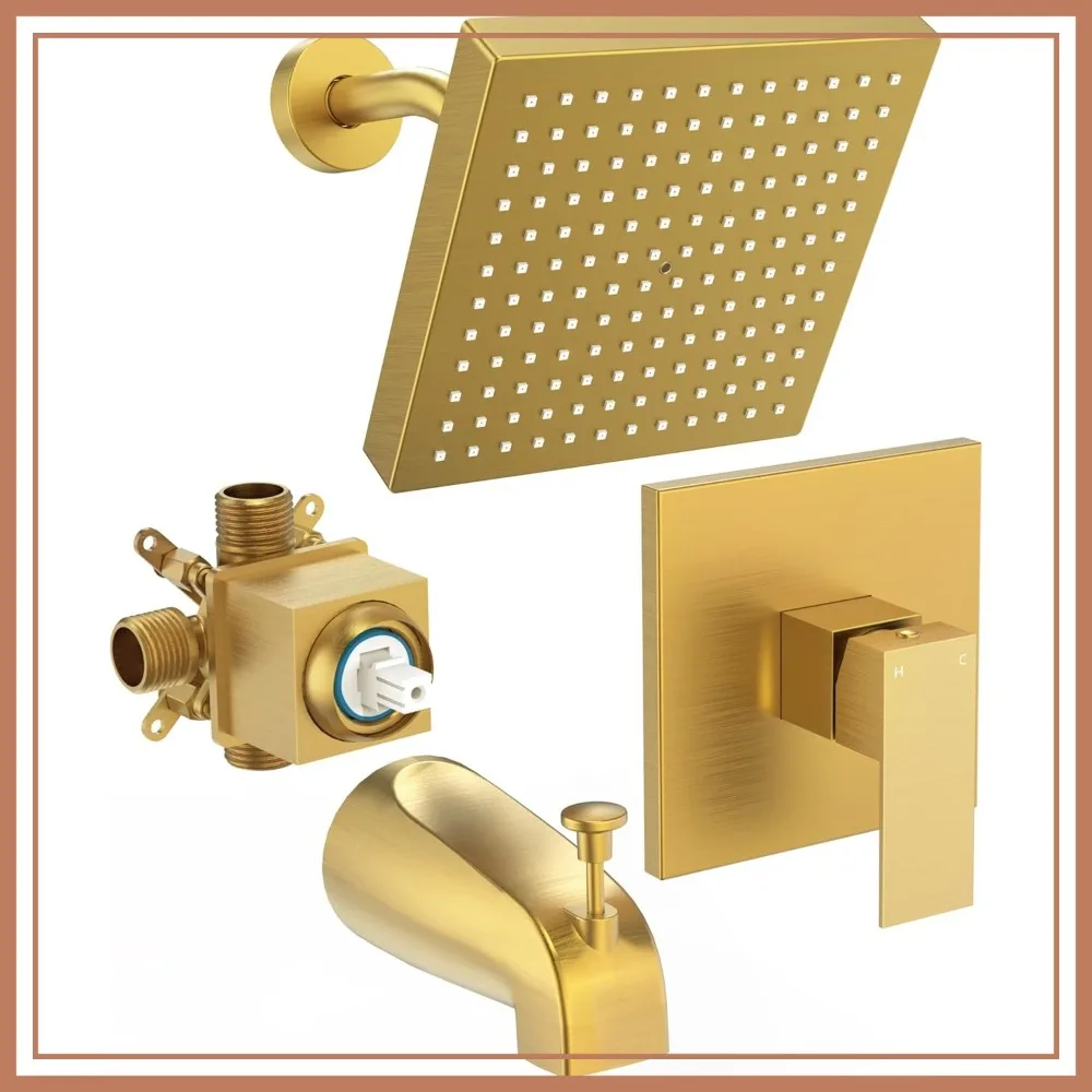 Brushed Gold 8-Inch Square Rain Shower Head & Tub Faucet Set with Valve, High-Pressure Trim Kit
Brushed Gold 8-Inch Square Rain Shower Head & Tub Faucet Set with Valve, High-Pressure Trim Kit