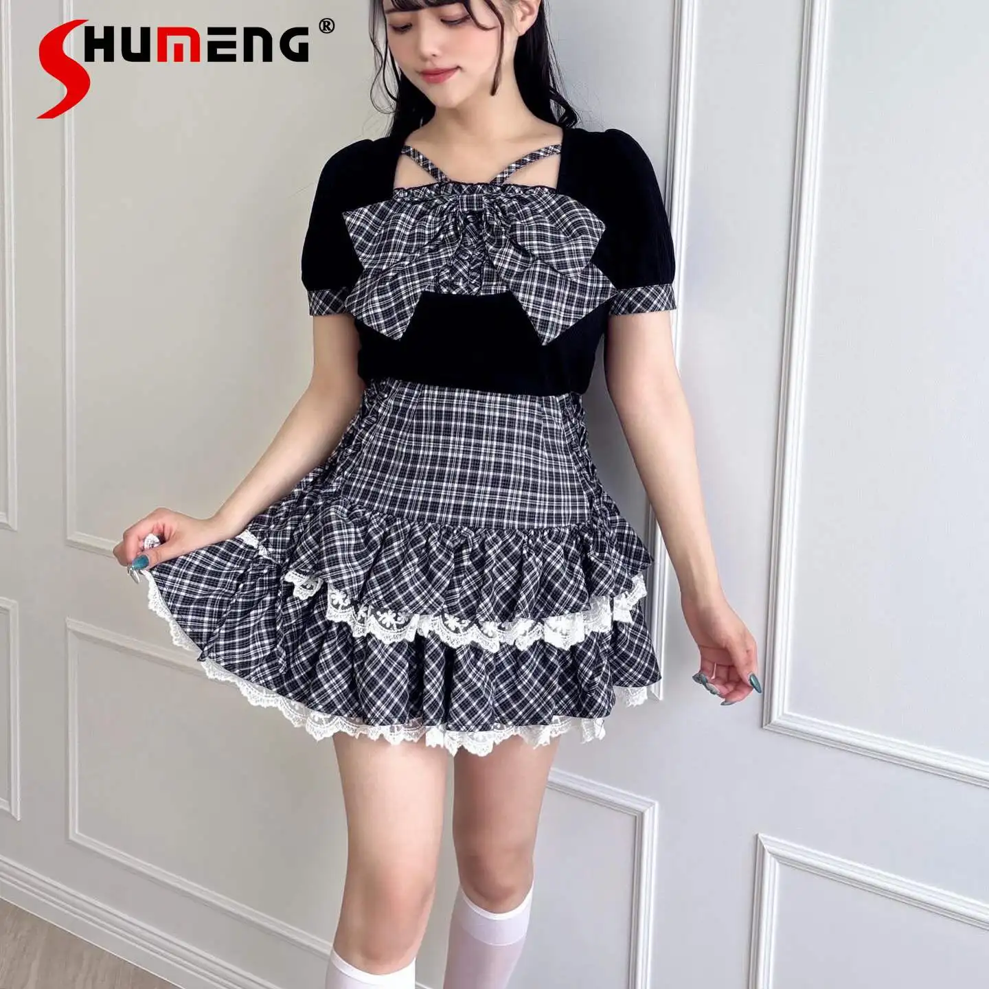 Japanese Elegant Sweet Cute Girl's Halter Bow Short Sleeve Knitted Top Lace-up Dot Short Skirt Two-piece Set Women Summer 2026
Japanese Elegant Sweet Cute Girl's Halter Bow Short Sleeve Knitted Top Lace-up Dot Short Skirt Two-piece Set Women Summer 2026