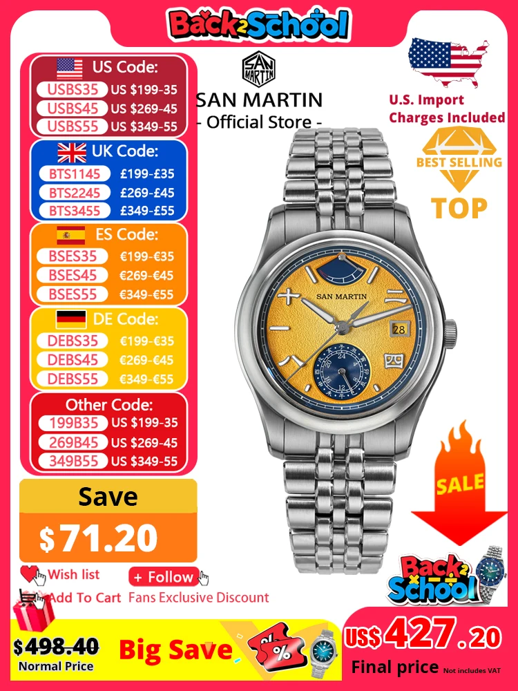 San Martin 39mm Miyota 9132 Power Reserve Display Men Luxury Sport Watch Automatic Mechanical Waterproof Original Design SN0144
San Martin 39mm Miyota 9132 Power Reserve Display Men Luxury Sport Watch Automatic Mechanical Waterproof Original Design SN0144