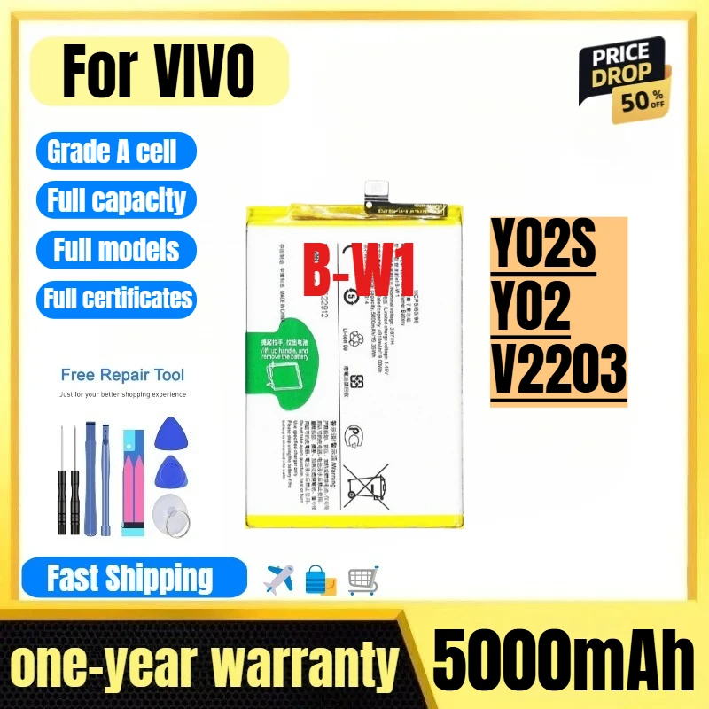 B-W1 for VIVO Y02S/Y02/V2203 Mobile Phone Battery High Quality High Capacity Battery Replacement Bateria Grade A Cell with Tools
B-W1 for VIVO Y02S/Y02/V2203 Mobile Phone Battery High Quality High Capacity Battery Replacement Bateria Grade A Cell with Tools