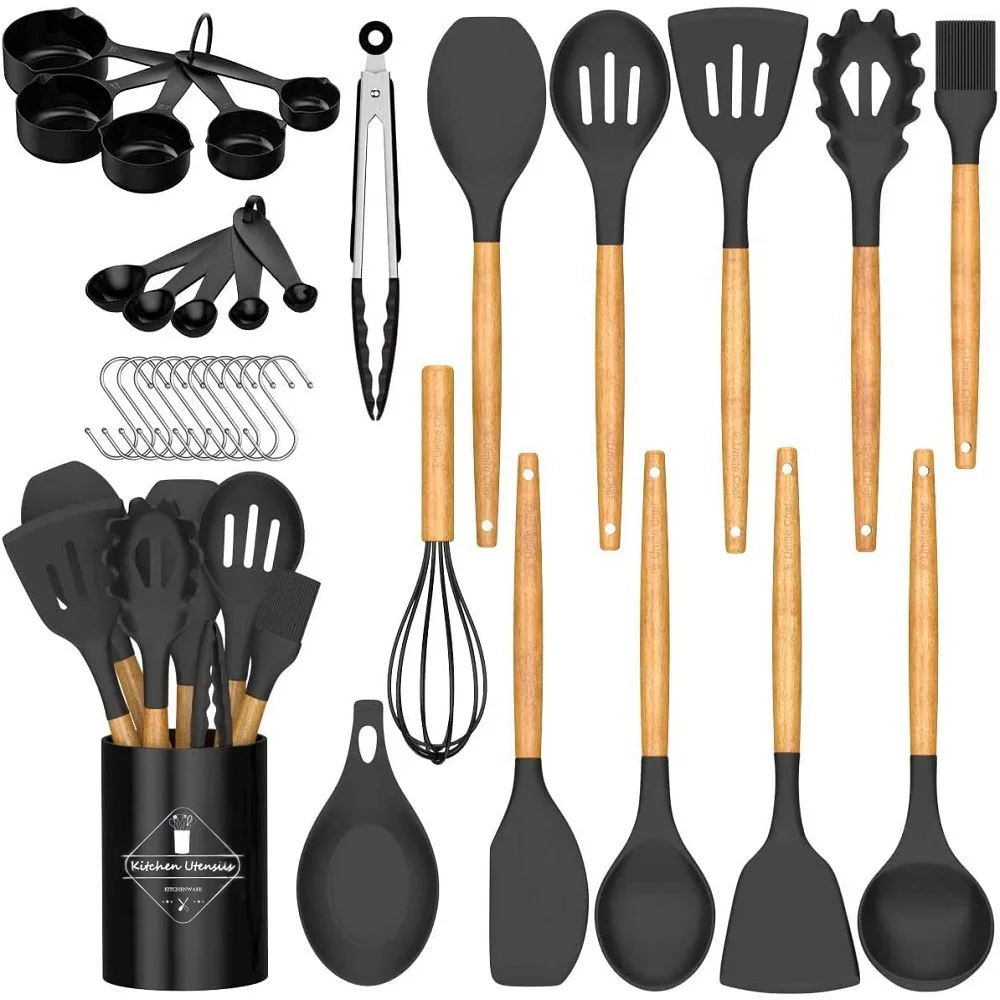Kitchen Cooking Utensils Set, Non-Stick Utensils Spatula Set with Holder, Black Wooden Handle Silicone Kitchen Gadgets, 33 Pack
Kitchen Cooking Utensils Set, Non-Stick Utensils Spatula Set with Holder, Black Wooden Handle Silicone Kitchen Gadgets, 33 Pack