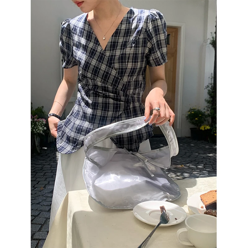 MEXZT Vintage Plaid Shirts Women Elegant V Neck Bandage Blouses Summer Ladies Streetwear Korean Short Sleeve Design Slim Tops
MEXZT Vintage Plaid Shirts Women Elegant V Neck Bandage Blouses Summer Ladies Streetwear Korean Short Sleeve Design Slim Tops