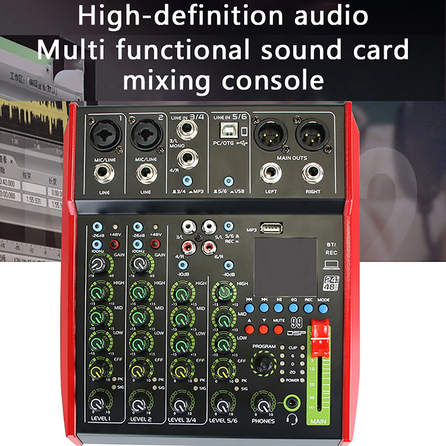 GAX-FX06 Sound Card Mixing Console OTG Professional 6-Channel Bluetooth USB Recording DSP Effect Home Performance DJ
GAX-FX06 Sound Card Mixing Console OTG Professional 6-Channel Bluetooth USB Recording DSP Effect Home Performance DJ