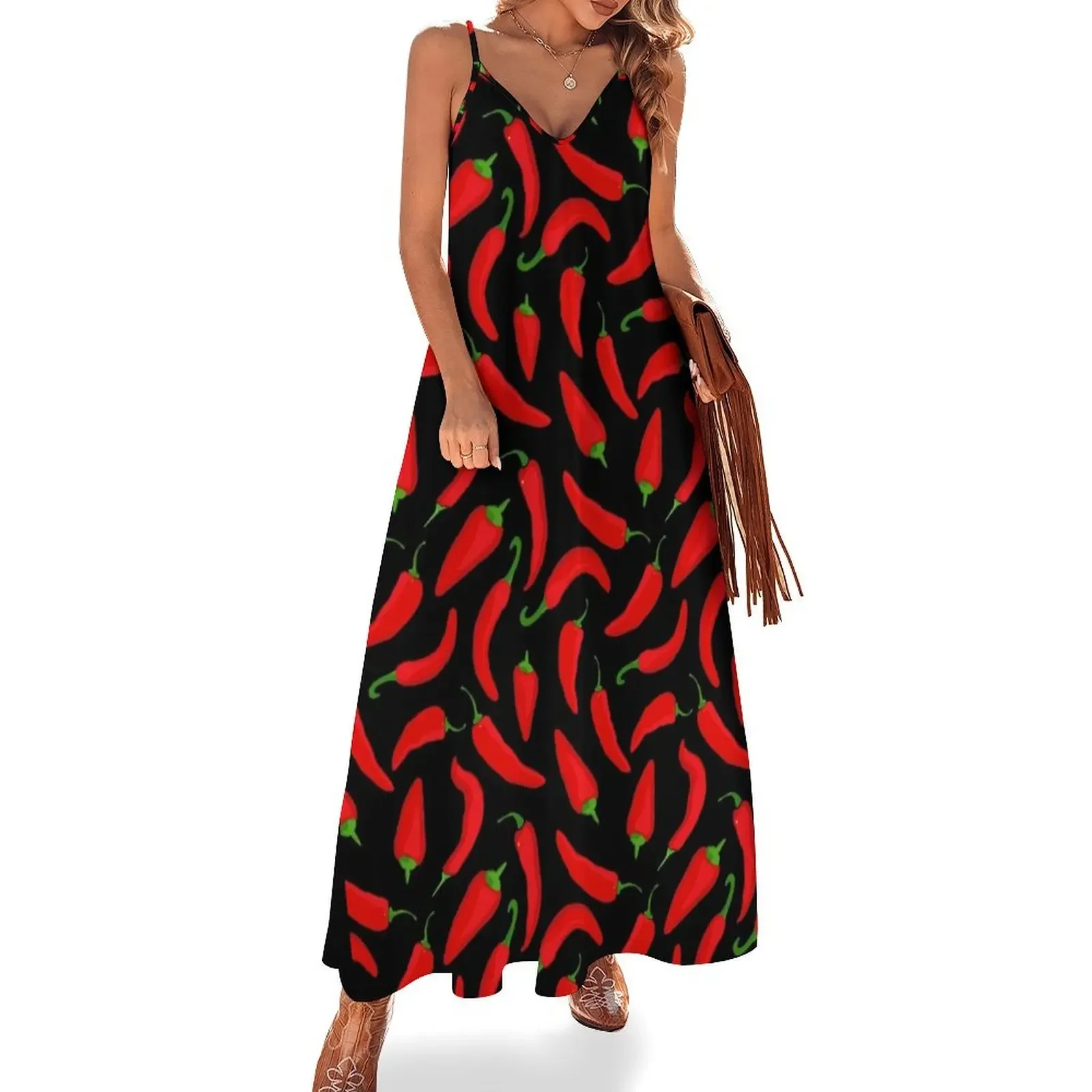 Red Chilli Pepper Pattern on Black Sleeveless Dress Elegant gowns beach dresses dresses for prom
Red Chilli Pepper Pattern on Black Sleeveless Dress Elegant gowns beach dresses dresses for prom