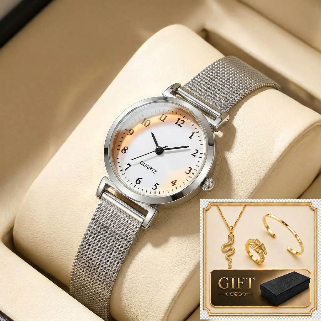 4pcs gift box set Women's white dial alloy strap fashion jewelry details Quartz Watch Gift Box Set for party holiday
4pcs gift box set Women's white dial alloy strap fashion jewelry details Quartz Watch Gift Box Set for party holiday
