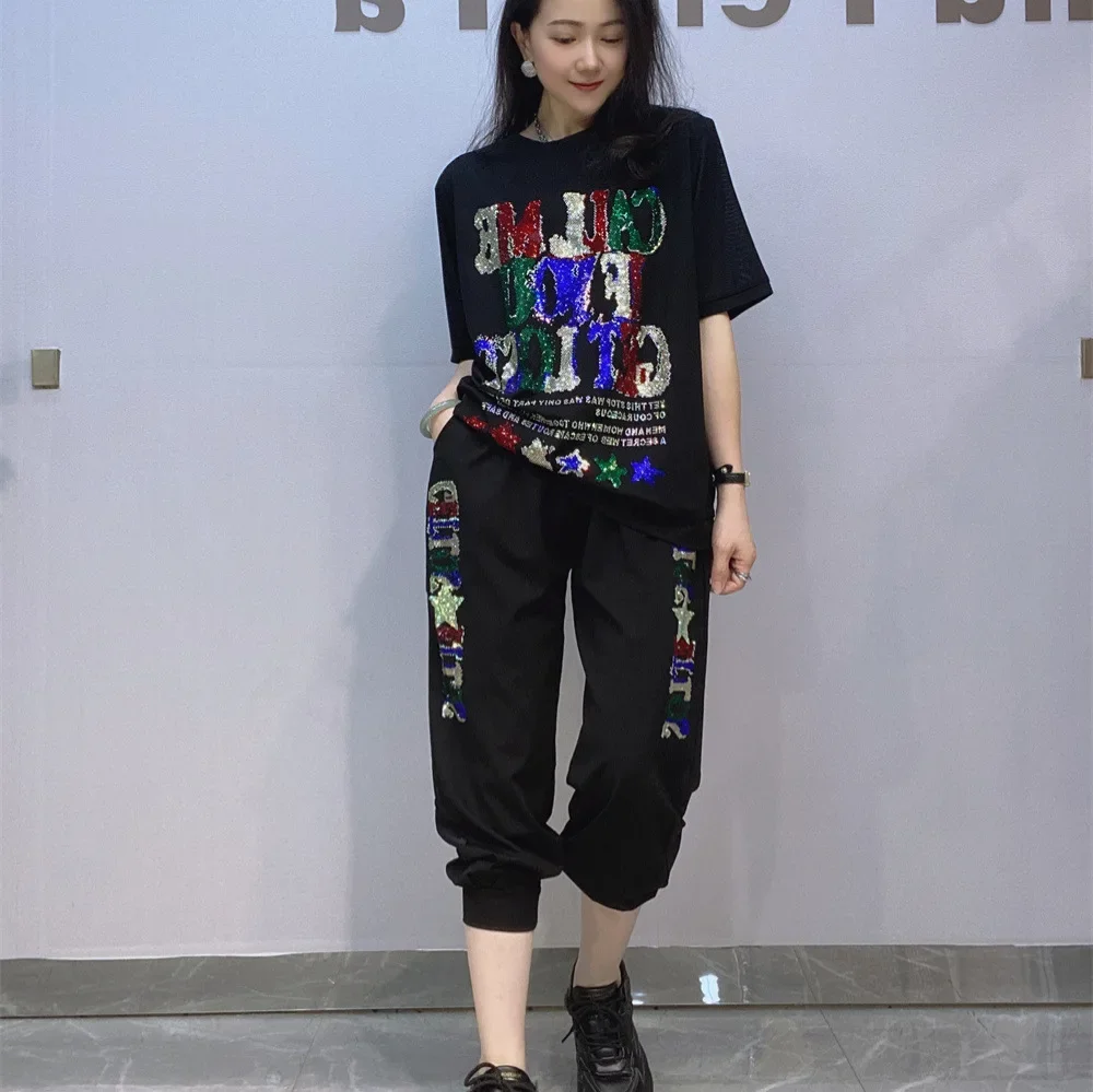 Fashion Letter Diamonds Pant Sets Women Summer Loose Short Sleeve Capri Pants Tracksuit Casual Two Piece Sets Womens Outifits
Fashion Letter Diamonds Pant Sets Women Summer Loose Short Sleeve Capri Pants Tracksuit Casual Two Piece Sets Womens Outifits