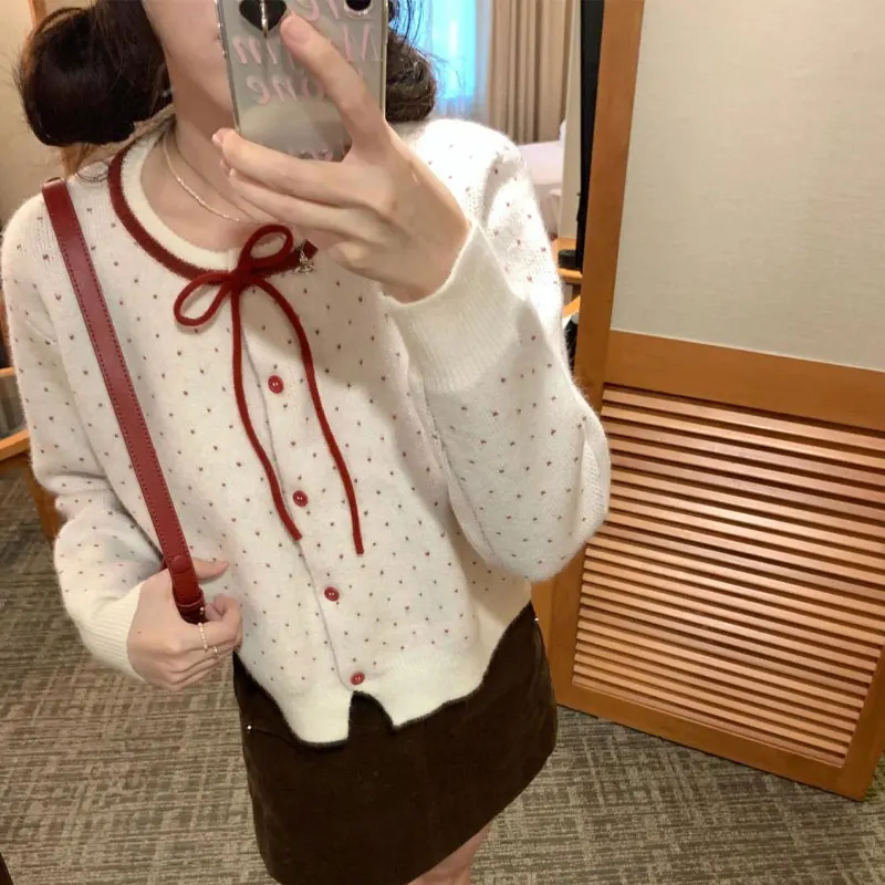 Sweet Bow Drawstring Sweaters Autumn Winter Korean Polka Dot Women's Clothing Round Neck Long Sleeve Straight Knitted Cardigan
Sweet Bow Drawstring Sweaters Autumn Winter Korean Polka Dot Women's Clothing Round Neck Long Sleeve Straight Knitted Cardigan