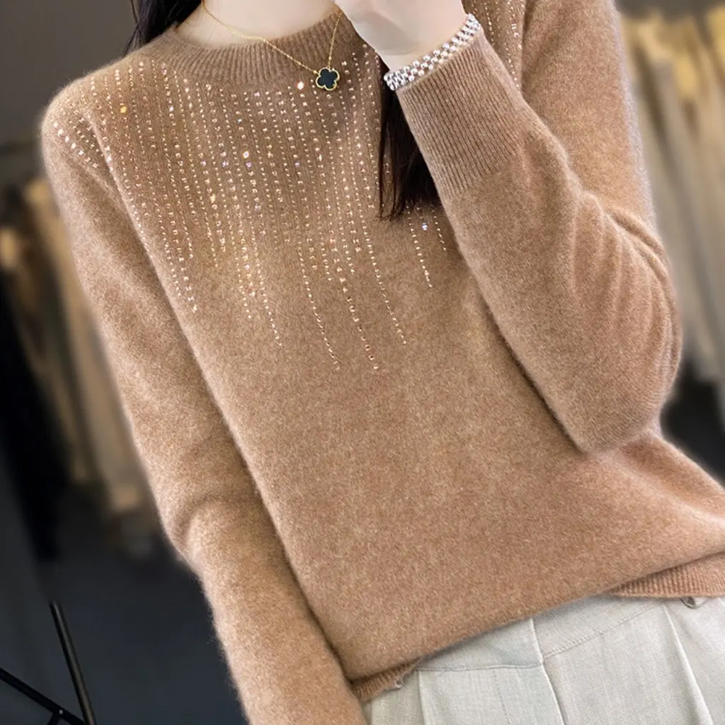Women's Seamless Crewneck Long-Sleeved Pullover Sequin Knitted Base Shirt Velvet One-Line Garments Autumn Winter New
Women's Seamless Crewneck Long-Sleeved Pullover Sequin Knitted Base Shirt Velvet One-Line Garments Autumn Winter New