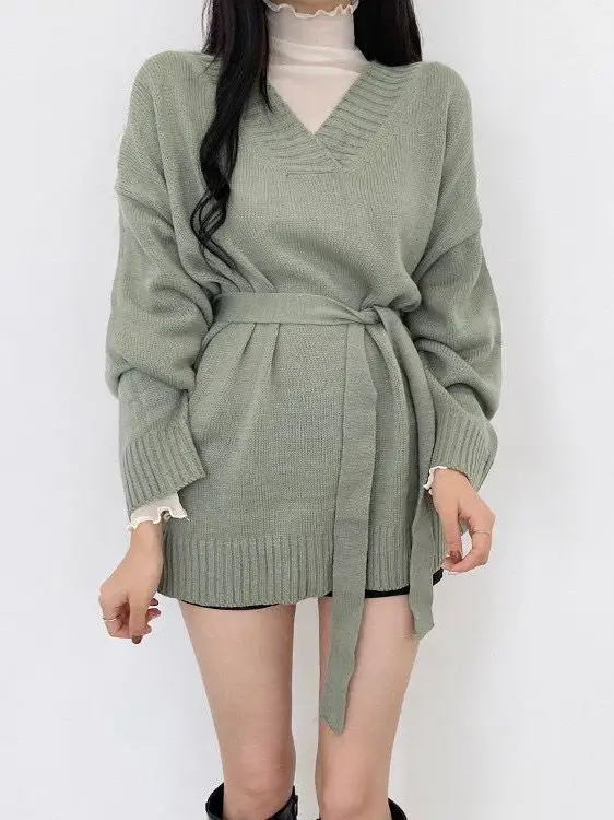 Slimming V-Ne Long Loose Women's Knitted Sweater Korean Sle Faion Design Belted Mid-Length Casual Comfortable Top
Slimming V-Ne Long Loose Women's Knitted Sweater Korean Sle Faion Design Belted Mid-Length Casual Comfortable Top