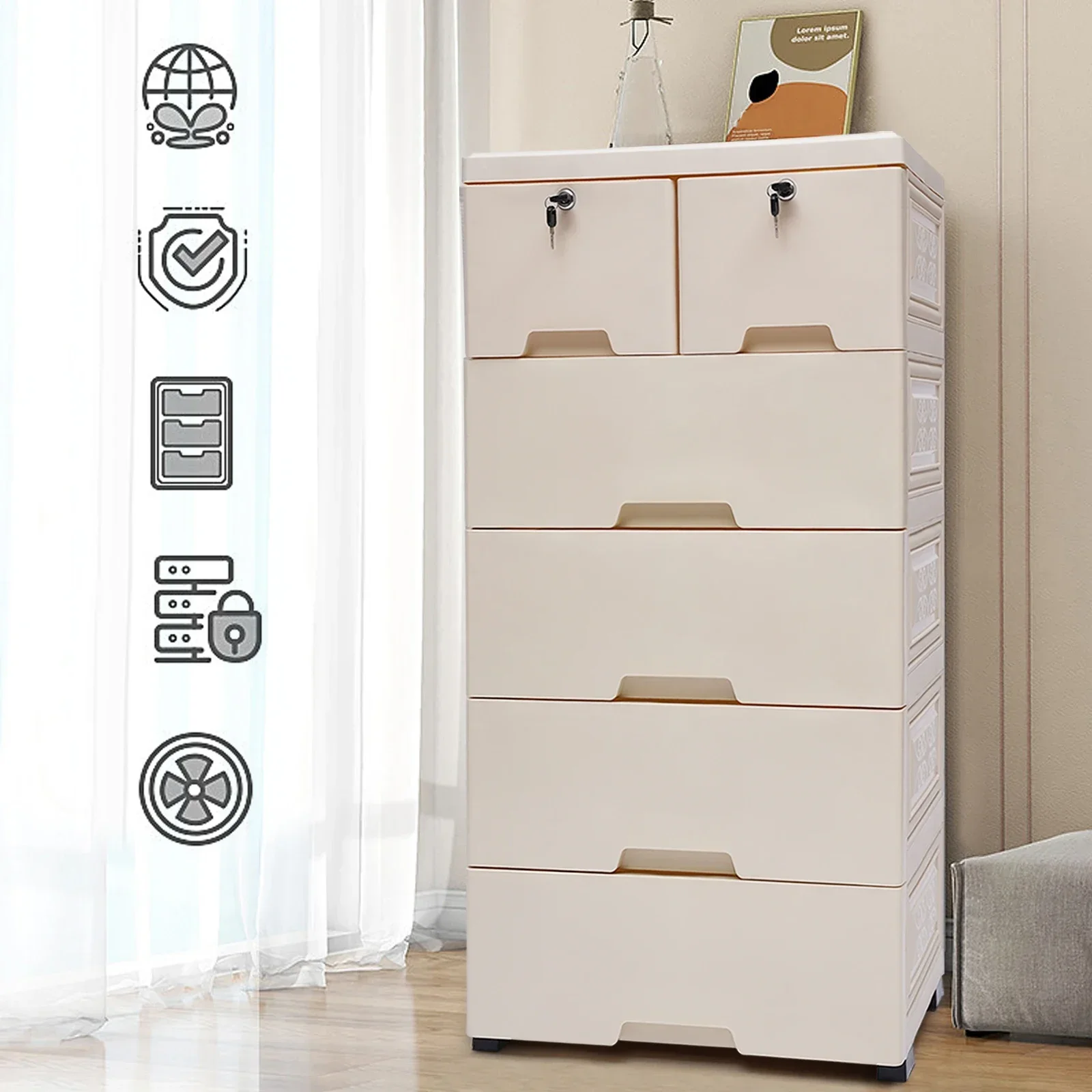 Drawer Storage Cabinet, 5-Layer 6-Drawer Storage Cabinet with Lock & Wheels, Storage Organizer for Clothes, Toys, Accessories
Drawer Storage Cabinet, 5-Layer 6-Drawer Storage Cabinet with Lock & Wheels, Storage Organizer for Clothes, Toys, Accessories