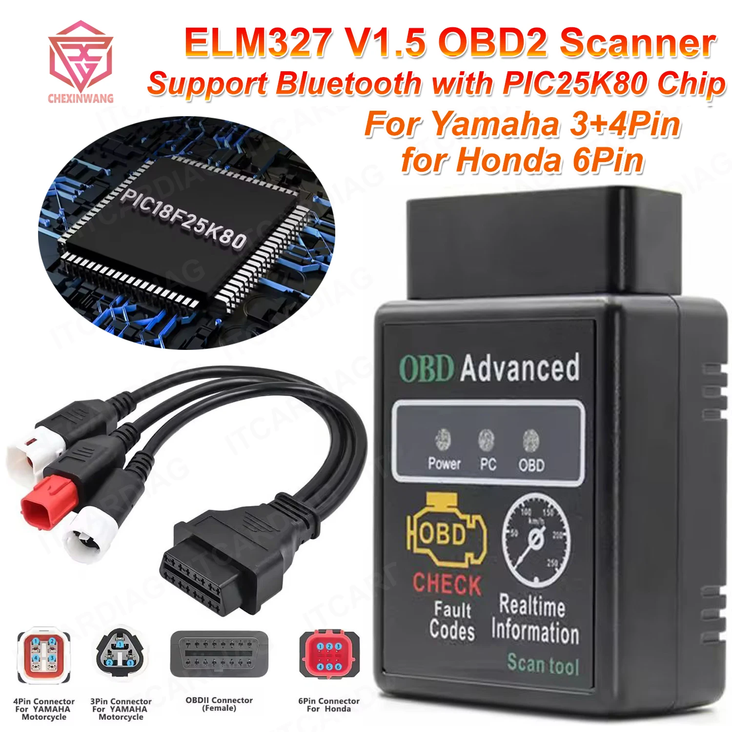 ELM327 V1.5 with 3 in 1 Connector for Yamaha 3+4pin for HONDA 6pin PIC25K80 Chip Motorcycle OBD2 Diagnostic Tool
ELM327 V1.5 with 3 in 1 Connector for Yamaha 3+4pin for HONDA 6pin PIC25K80 Chip Motorcycle OBD2 Diagnostic Tool