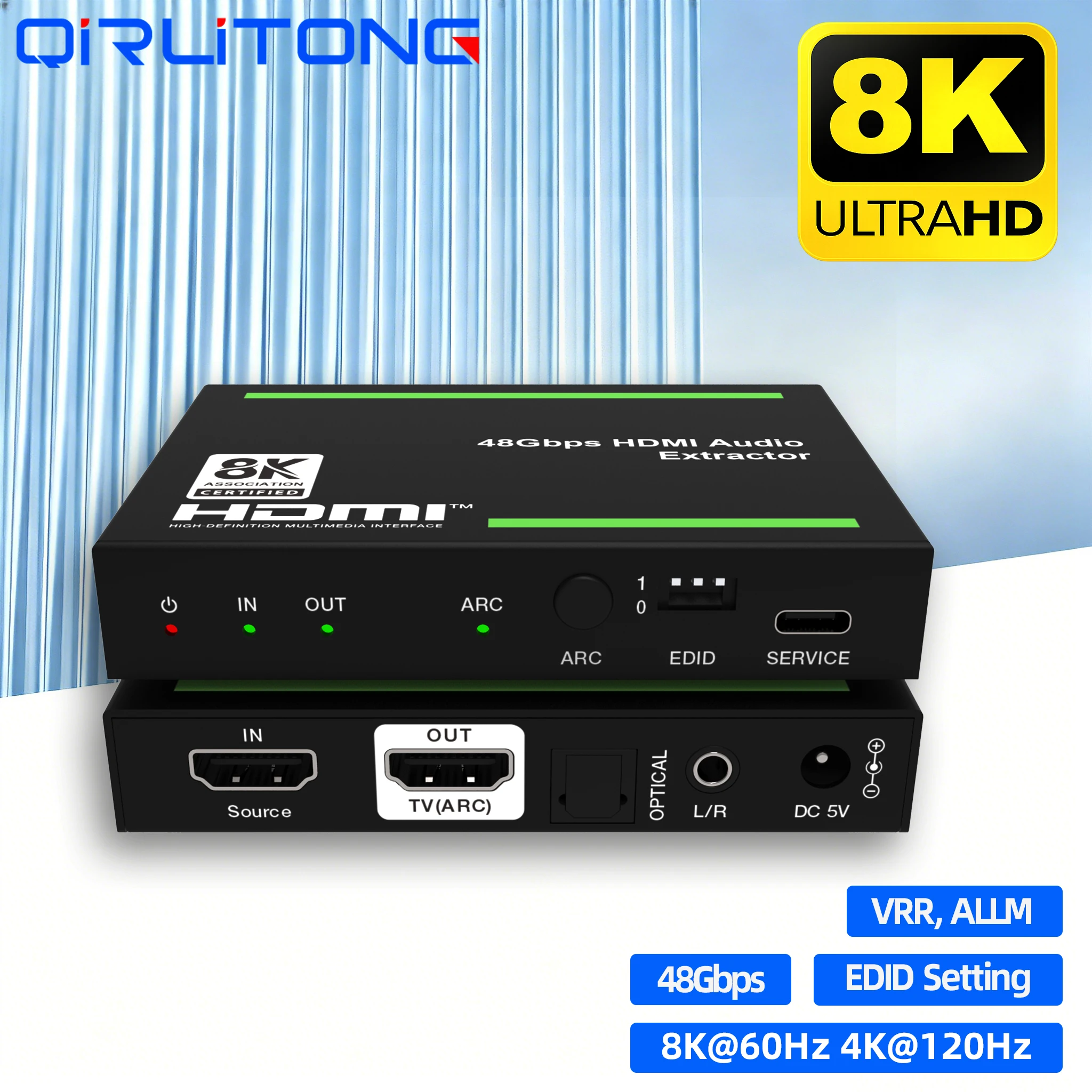 8K HDMI 1 in 1 out Audio Extractor 8K60Hz 4K120Hz ARC Audio DeEmbedder SPDIF Optical 3.5mm L/R Output HDR Dolby Vision VRR ALLM
8K HDMI 1 in 1 out Audio Extractor 8K60Hz 4K120Hz ARC Audio DeEmbedder SPDIF Optical 3.5mm L/R Output HDR Dolby Vision VRR ALLM