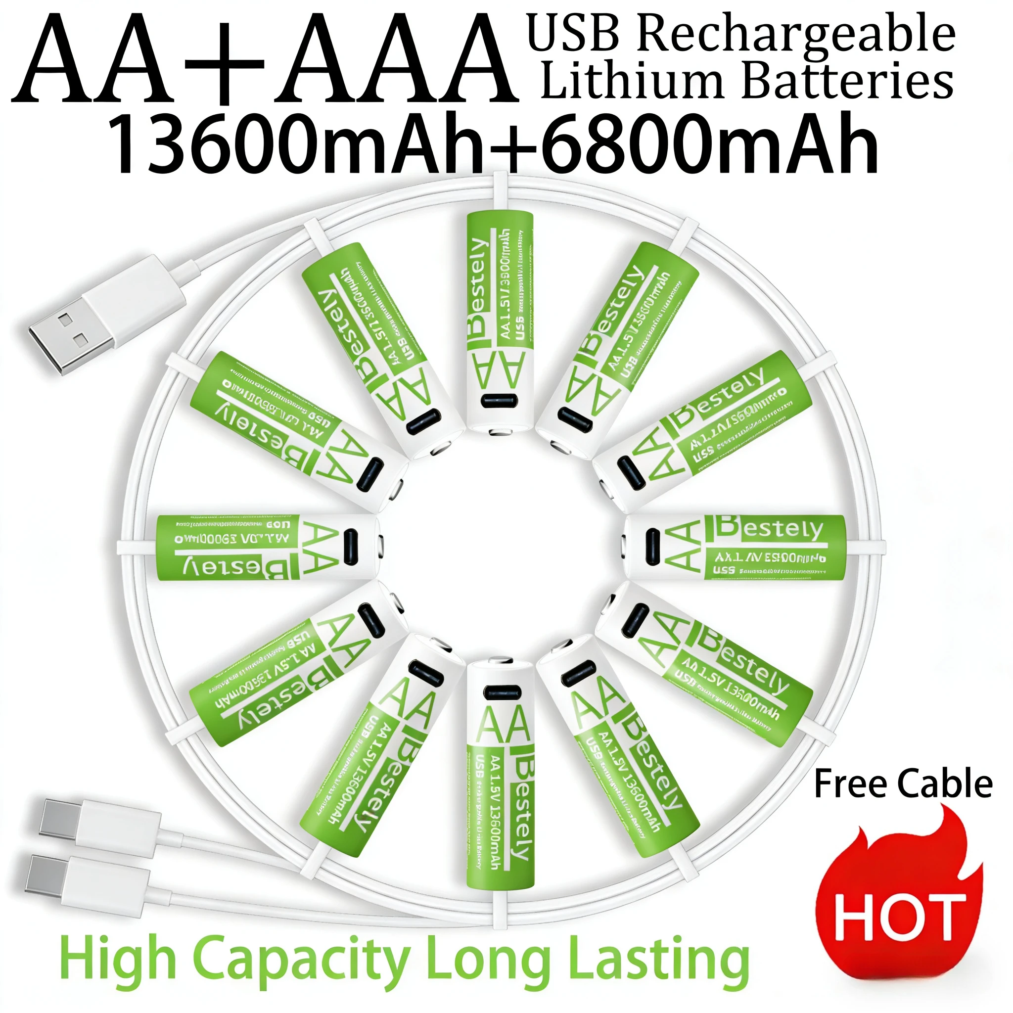 Новые литиевые аккумуляторы 1,5 В AA 13600 мАч + AAA 6800 мАч Литий-ионная батарея с быстрой зарядкой 2000 циклов и бесплатными кабелями USB-C
Новые литиевые аккумуляторы 1,5 В AA 13600 мАч + AAA 6800 мАч Литий-ионная батарея с быстрой зарядкой 2000 циклов и бесплатными кабелями USB-C
