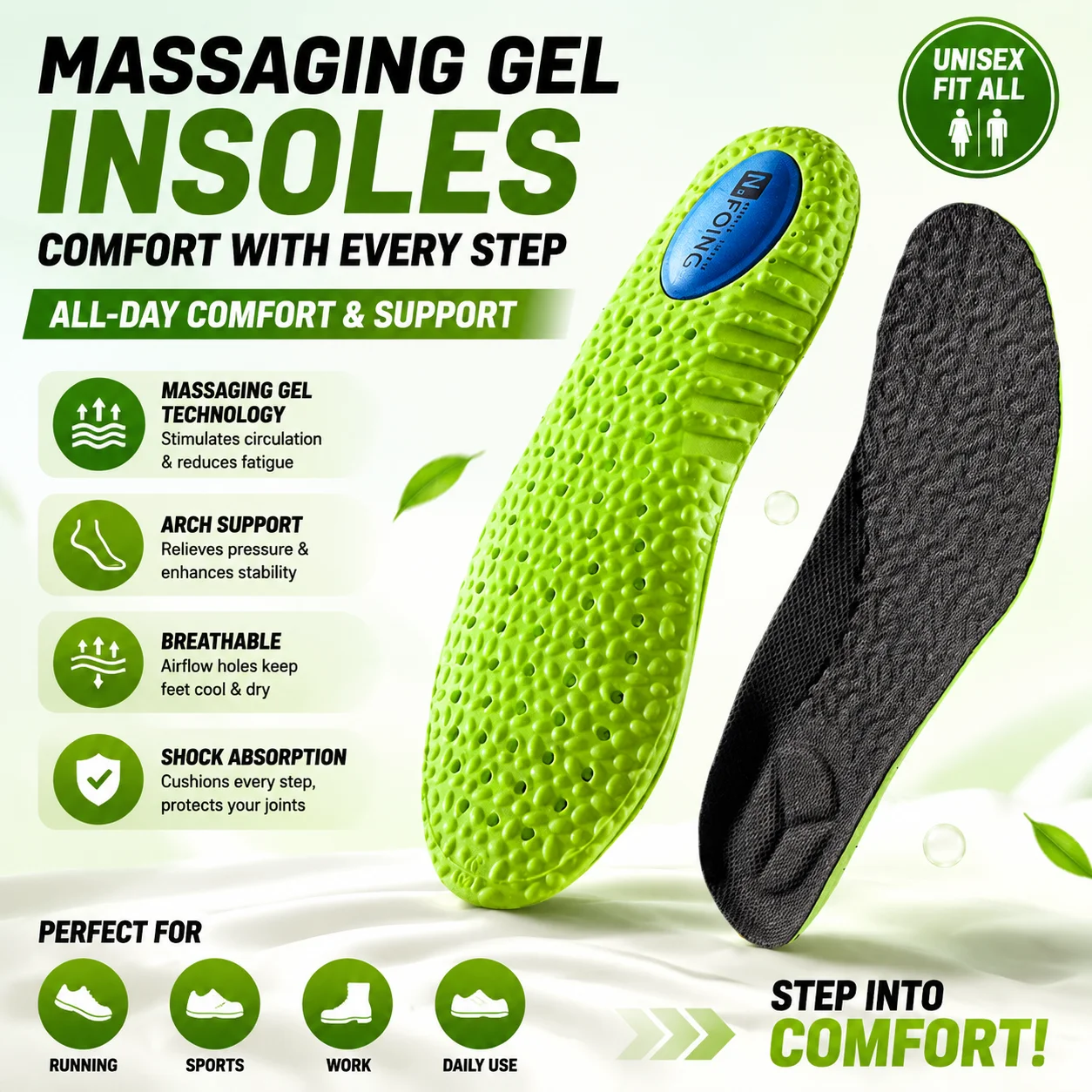 Sports Shock Absorption Insole Green PU Memory Foam Breathable Arch Support Orthopedic Shoes Pad Men Women Feet Care Shoes Pad
Sports Shock Absorption Insole Green PU Memory Foam Breathable Arch Support Orthopedic Shoes Pad Men Women Feet Care Shoes Pad