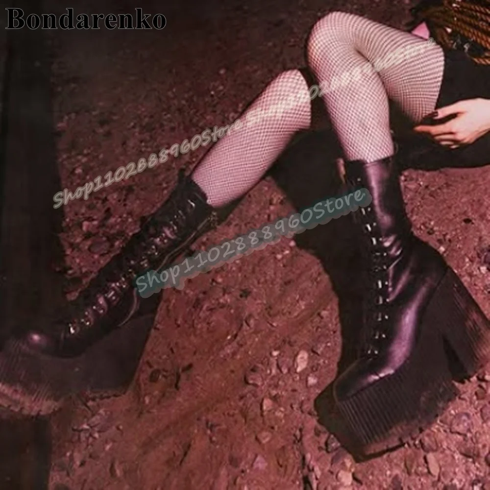 Sexy Mid Calf Black Cross Tied Platform Boots Thick Soled Thick Heel Women Shoes Side Zipper Round Toe Punk Style Stylish Boots
Sexy Mid Calf Black Cross Tied Platform Boots Thick Soled Thick Heel Women Shoes Side Zipper Round Toe Punk Style Stylish Boots