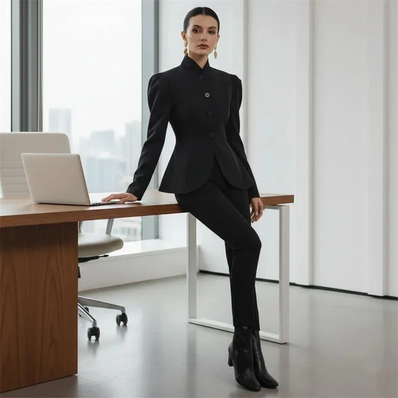 Elegant Women's Retro Stand Collar Black Blazer Jacket Slim Fit Bubble Sleeve Tailored Waist Commute Fashion Autumn Winter Wear
Elegant Women's Retro Stand Collar Black Blazer Jacket Slim Fit Bubble Sleeve Tailored Waist Commute Fashion Autumn Winter Wear