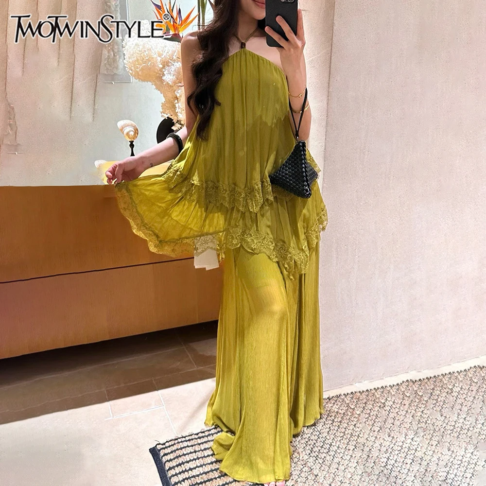 TWOTWINSTYLE Solid Slimming Spliced Lace Dress for Women Halter Neck Sleeveless Patchwork Folds Midi Dresses Female New Style
TWOTWINSTYLE Solid Slimming Spliced Lace Dress for Women Halter Neck Sleeveless Patchwork Folds Midi Dresses Female New Style