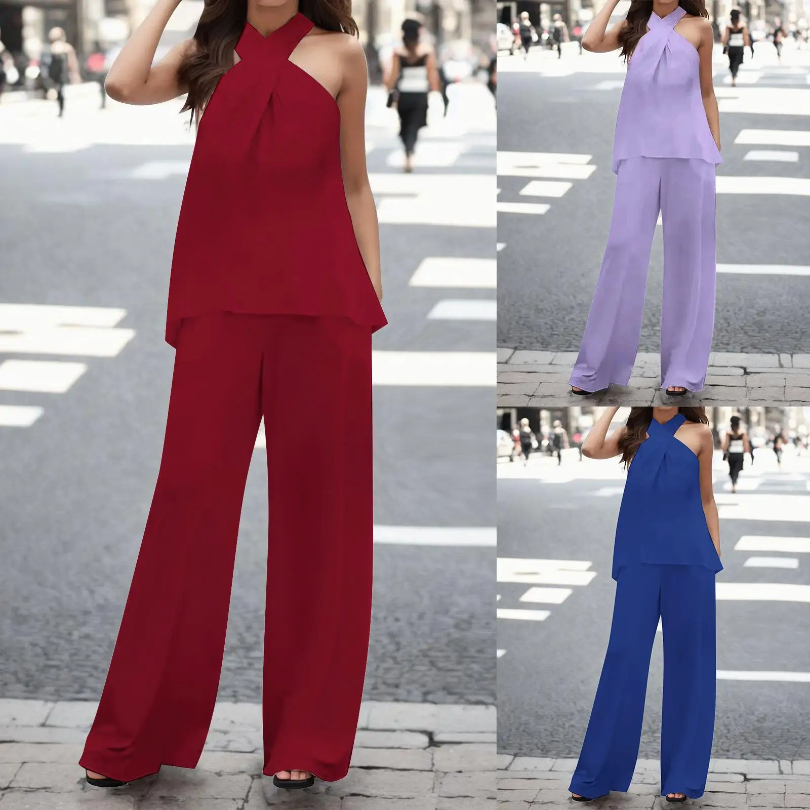 Women's Neck Hanging Sveless Collar Top Elastic Waist Fashion Set Long Pants Casual Summer Work Uniform Three-piece Suit
Women's Neck Hanging Sveless Collar Top Elastic Waist Fashion Set Long Pants Casual Summer Work Uniform Three-piece Suit