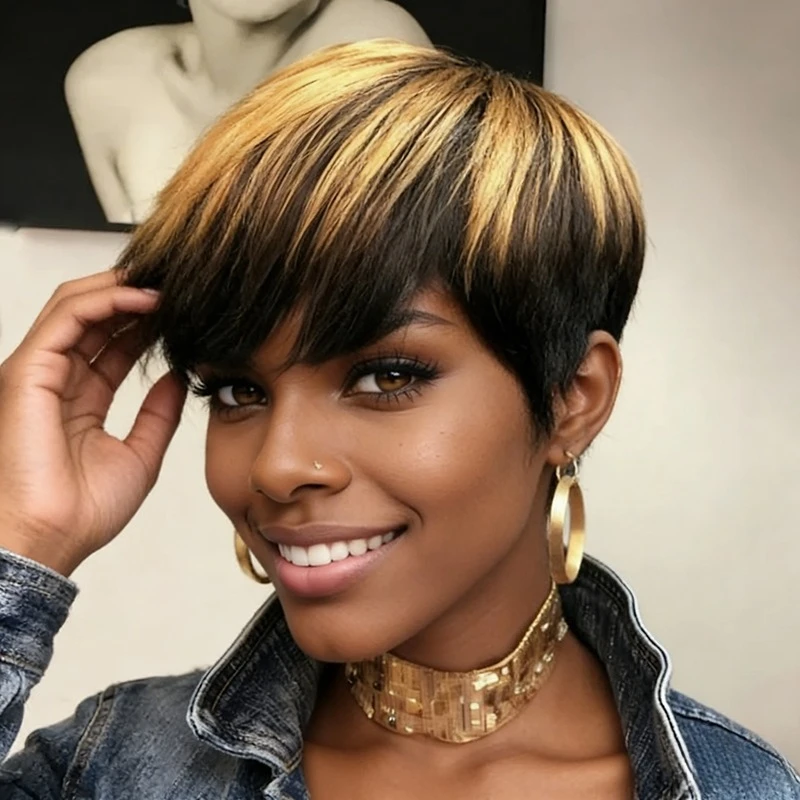 1B/27 Colored Wig Short Pixie Cut Straight Human Hair Wig Remy Hair With Bangs Wig Full Machine Made Wig
1B/27 Colored Wig Short Pixie Cut Straight Human Hair Wig Remy Hair With Bangs Wig Full Machine Made Wig