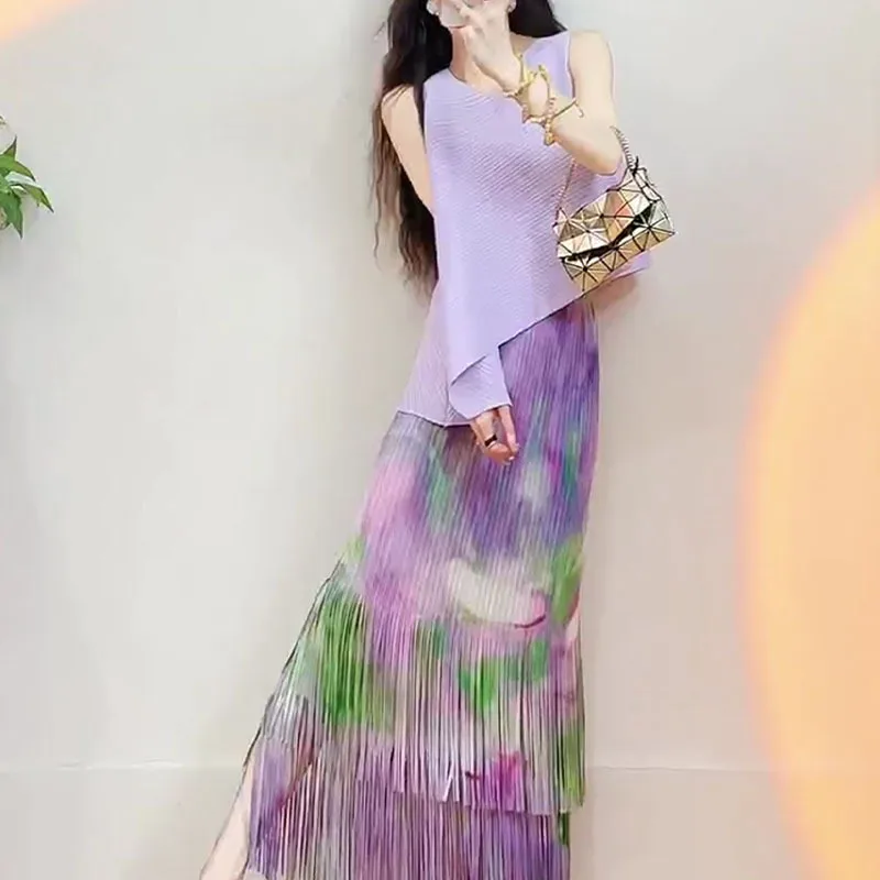 Miyake Summer Sleeveless Irregular Vest Top High Waist Printed Fringe Half Skirt Pleated Purple Gentle Women's Set Wrinkle-Free
Miyake Summer Sleeveless Irregular Vest Top High Waist Printed Fringe Half Skirt Pleated Purple Gentle Women's Set Wrinkle-Free