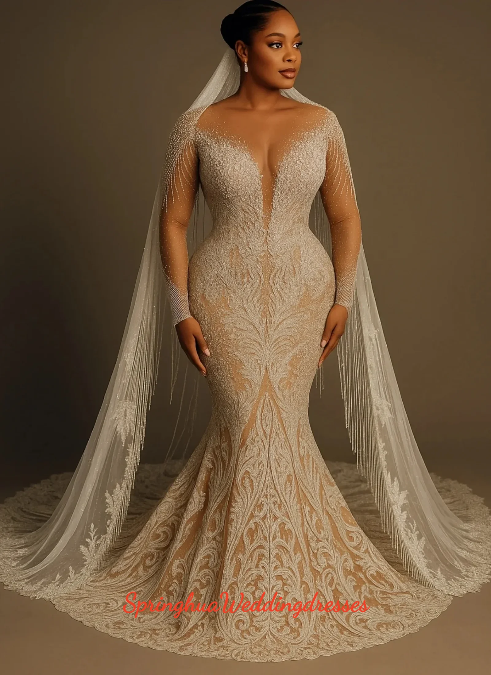 Customized African Mermaid Wedding Dress Deep V-neck Long Sleeve Transparent Mesh Wedding Dress Bead Embroidery vestido de novia
Customized African Mermaid Wedding Dress Deep V-neck Long Sleeve Transparent Mesh Wedding Dress Bead Embroidery vestido de novia