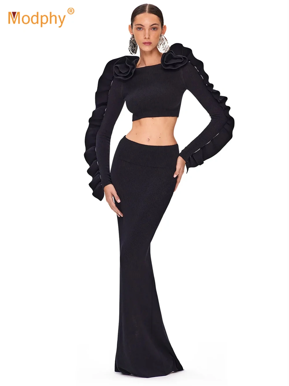 Modphy Women Skirt Top Bandage Two-Piece Set Black Flower Long Sleeved Crop Top+Tight Long Skirt Set Club Party Vestidos
Modphy Women Skirt Top Bandage Two-Piece Set Black Flower Long Sleeved Crop Top+Tight Long Skirt Set Club Party Vestidos