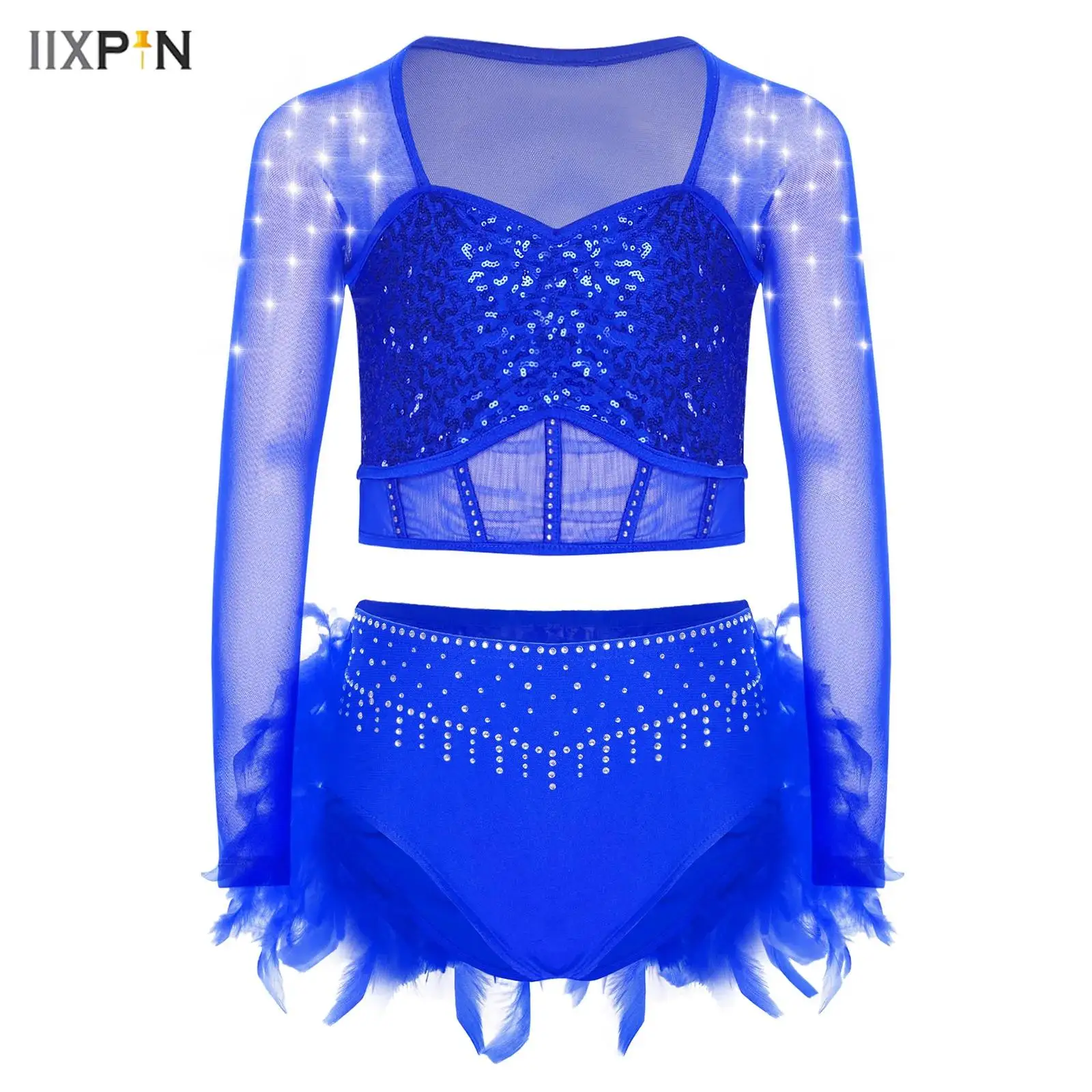 Kids Girls Figure Skating Gymnastics Dance Outfit Sweetheart Neck Long Sleeve Shiny Sequins Crop Top+Feather Briefs Skirt Set
Kids Girls Figure Skating Gymnastics Dance Outfit Sweetheart Neck Long Sleeve Shiny Sequins Crop Top+Feather Briefs Skirt Set