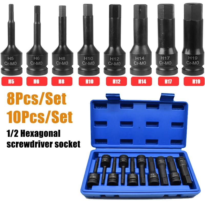 1/2" 8/10PCS Pneumatic Wrench Hexagonal Screws H4-H22 Drive Impact Bits Tools Set Hex Ratchet Socket Driver Removal Tool Kit
1/2" 8/10PCS Pneumatic Wrench Hexagonal Screws H4-H22 Drive Impact Bits Tools Set Hex Ratchet Socket Driver Removal Tool Kit