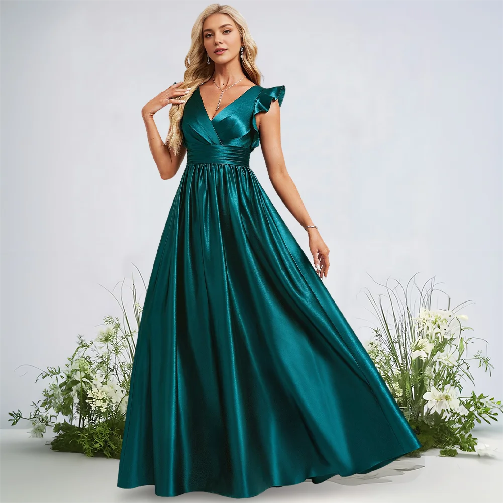 Elegant Stretch Satin A-Line Bridesmaid Dresses V-Neck Floor-Length Sleeveless With Ruffle Wedding Guest Cocktail Party Gowns
Elegant Stretch Satin A-Line Bridesmaid Dresses V-Neck Floor-Length Sleeveless With Ruffle Wedding Guest Cocktail Party Gowns