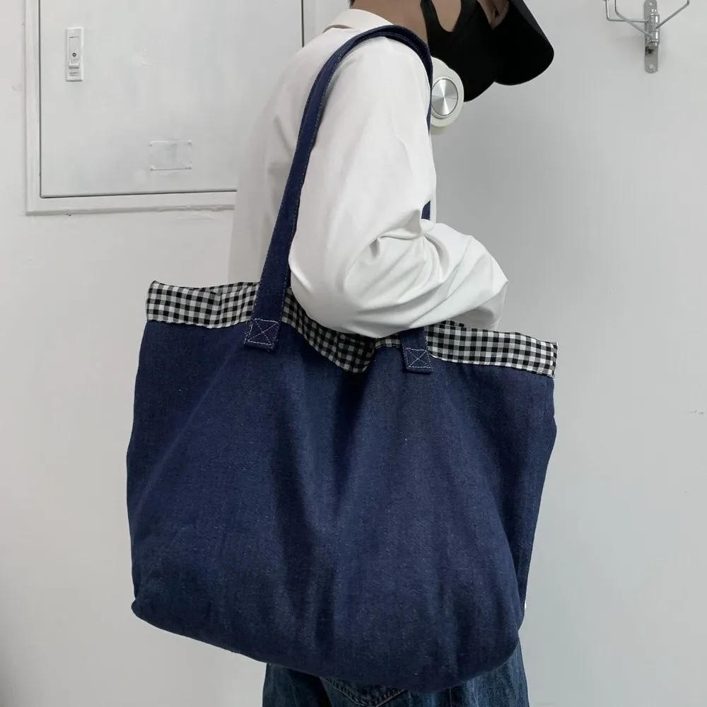 Fashion Cloth Denim Handbag Grid Korean Style Shoulder Bag Large Capacity Blue Canvas Tote Bag Student
Fashion Cloth Denim Handbag Grid Korean Style Shoulder Bag Large Capacity Blue Canvas Tote Bag Student