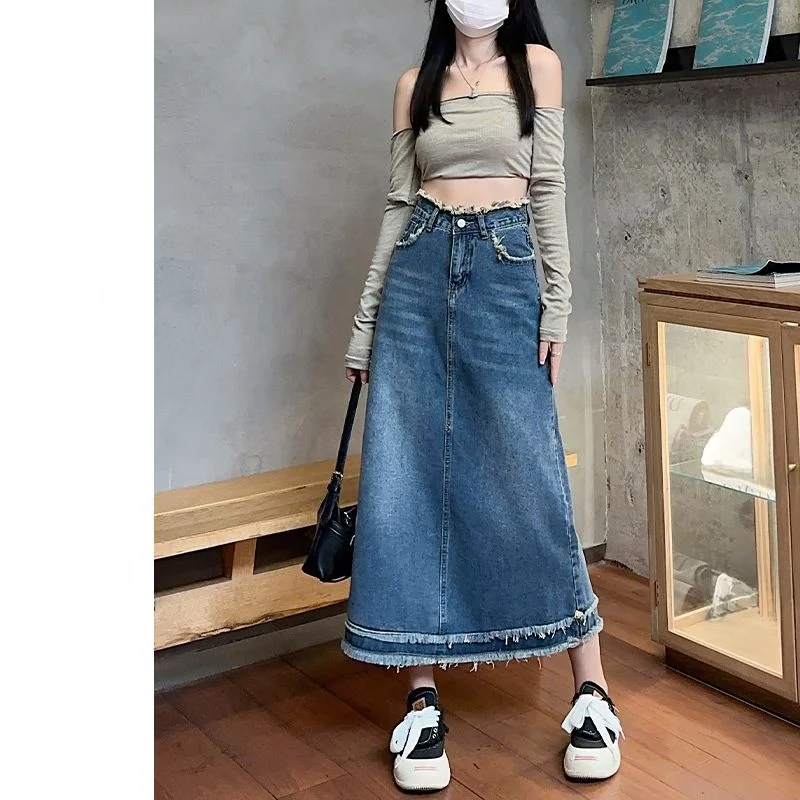 High Waist Torn Hem Denim Skirt Women's Midi Length Thin A-Line f Body Long Skirt Summer Season Vintage Sle Casual Wear
High Waist Torn Hem Denim Skirt Women's Midi Length Thin A-Line f Body Long Skirt Summer Season Vintage Sle Casual Wear