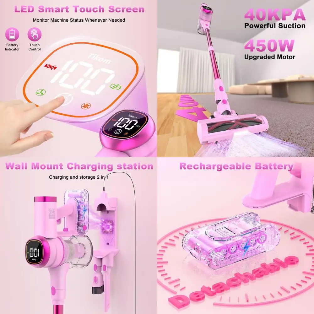 45000Pa 450W Cordless Vacuum Cleaner with LED Touch, Wall Dock, Anti-Slip, Lightweight for Pet Hair, Hard Floors, and Carpets
45000Pa 450W Cordless Vacuum Cleaner with LED Touch, Wall Dock, Anti-Slip, Lightweight for Pet Hair, Hard Floors, and Carpets