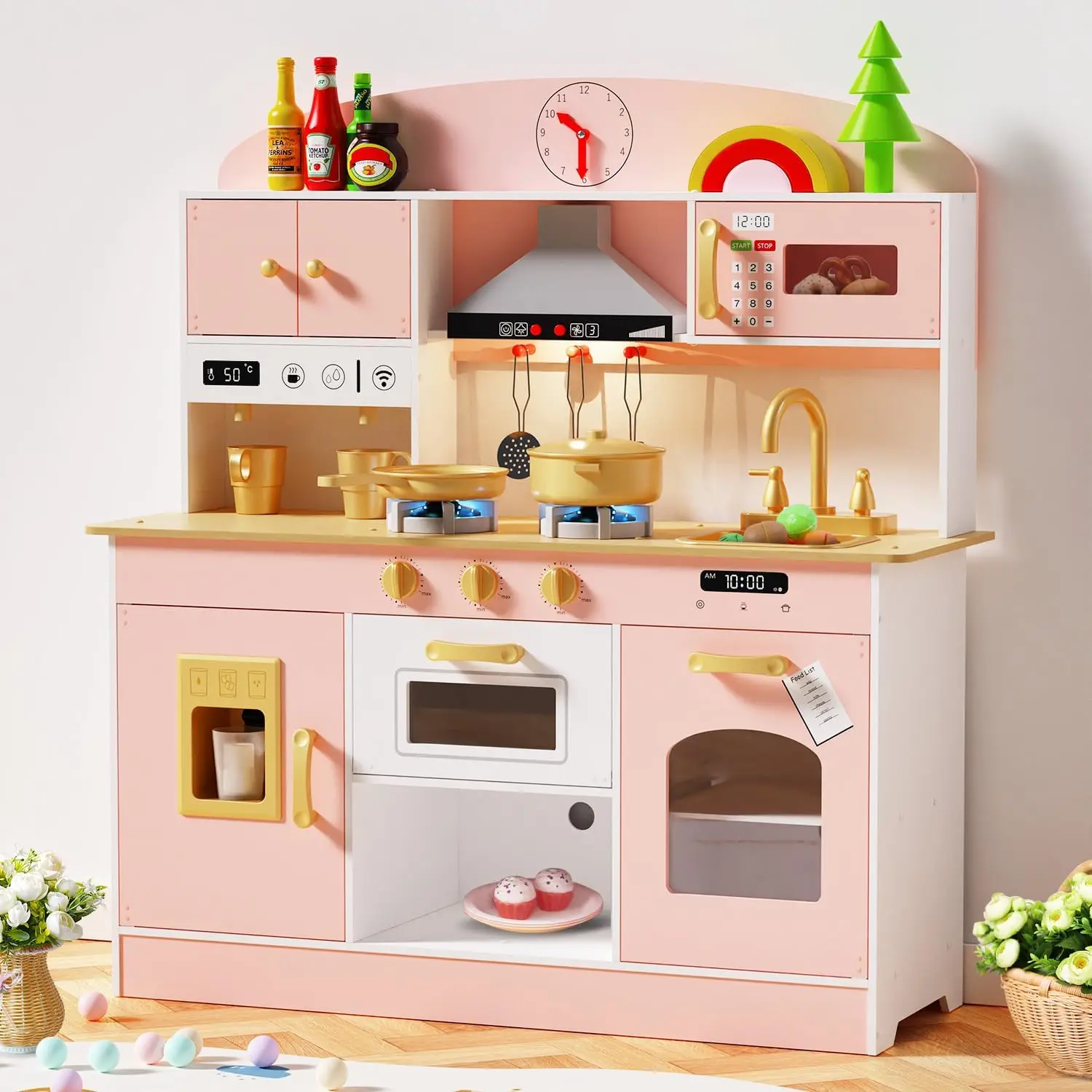 Wooden Play Kitchen Set, Pretend Play Kitchen with Lights and Sounds for Kids Ages 3+, Includes Stove, Oven, Microwave, Coffee
Wooden Play Kitchen Set, Pretend Play Kitchen with Lights and Sounds for Kids Ages 3+, Includes Stove, Oven, Microwave, Coffee