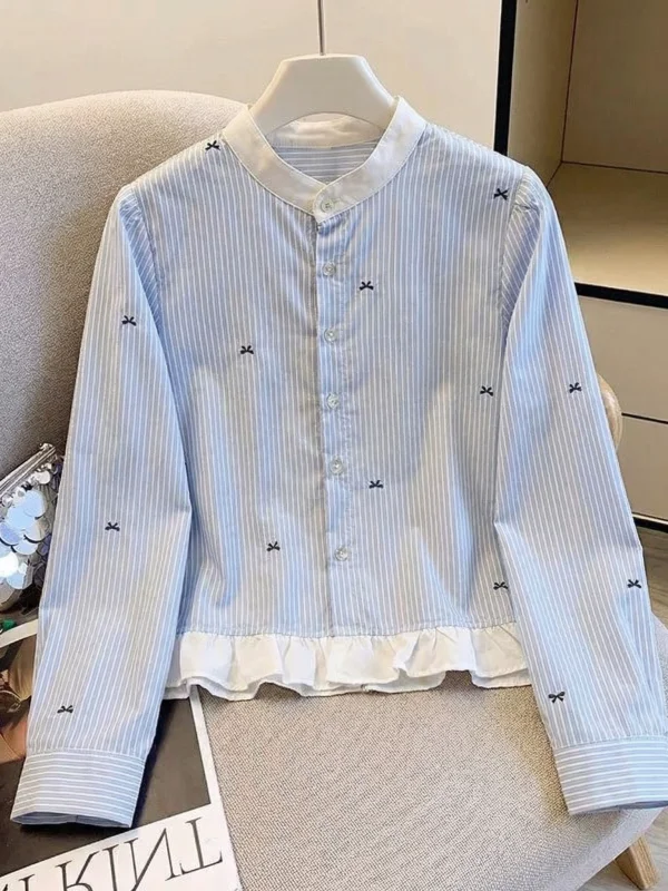 Light Blue Striped Knot Shoulder Shirt Women's Summer New Style Korean Loose Fit Long Sleeve Stand Collar Top
Light Blue Striped Knot Shoulder Shirt Women's Summer New Style Korean Loose Fit Long Sleeve Stand Collar Top