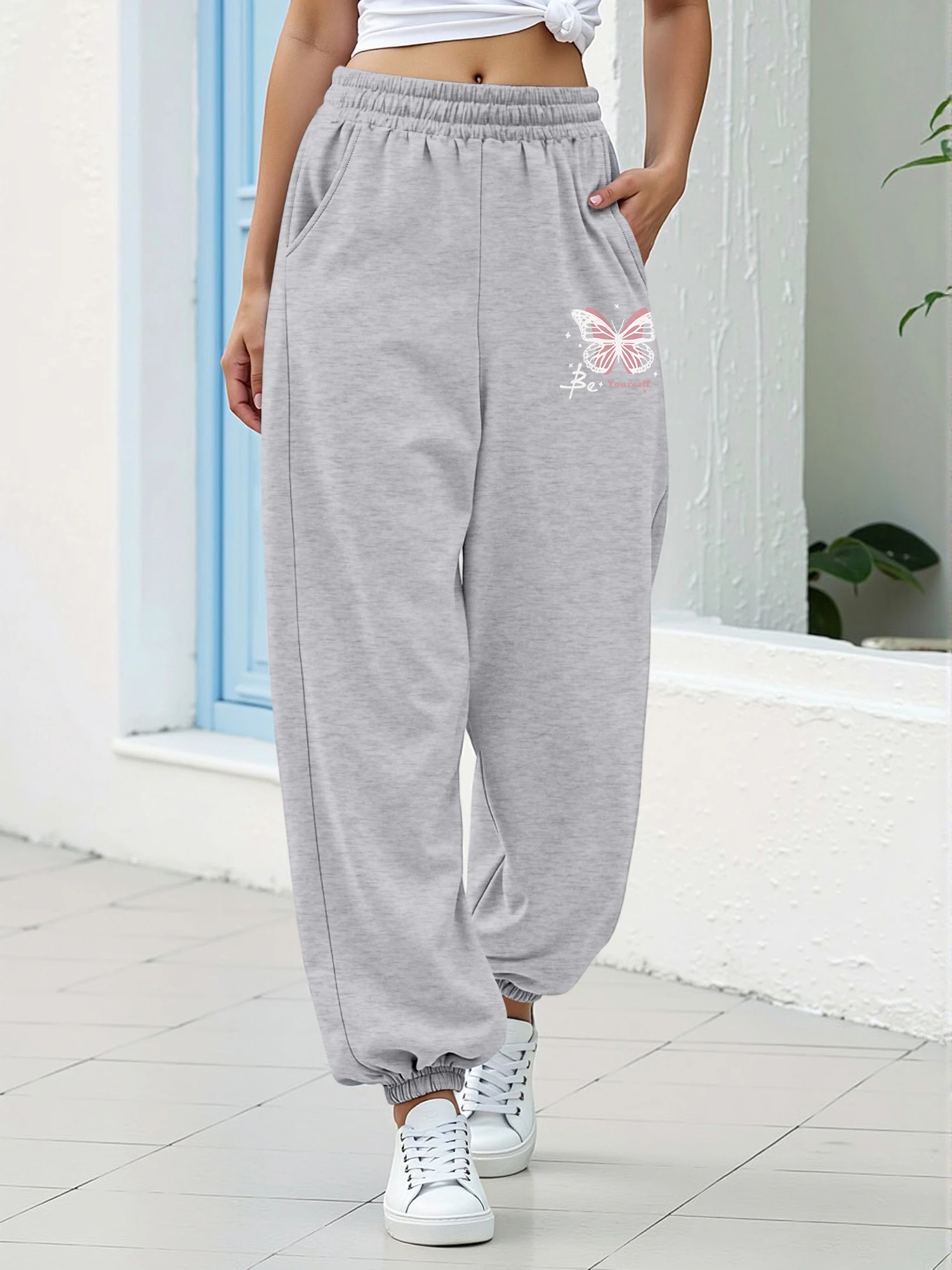 Elastic Cuff Jogger Pants, Pink Butterfly & Be Yourself Print Sweatpants, Soft Loose Casual Daily Sports Trousers with Pockets
Elastic Cuff Jogger Pants, Pink Butterfly & Be Yourself Print Sweatpants, Soft Loose Casual Daily Sports Trousers with Pockets