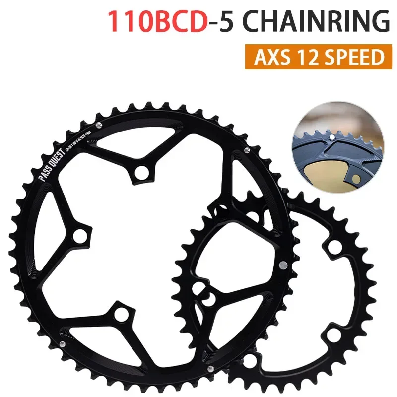 PASS QUEST 110 bcd chainring 5 bolt Narrow wide road bike Chain ring with bolts for SRAM axs 12 speed Shimano road bike tray. 
PASS QUEST 110 bcd chainring 5 bolt Narrow wide road bike Chain ring with bolts for SRAM axs 12 speed Shimano road bike tray.