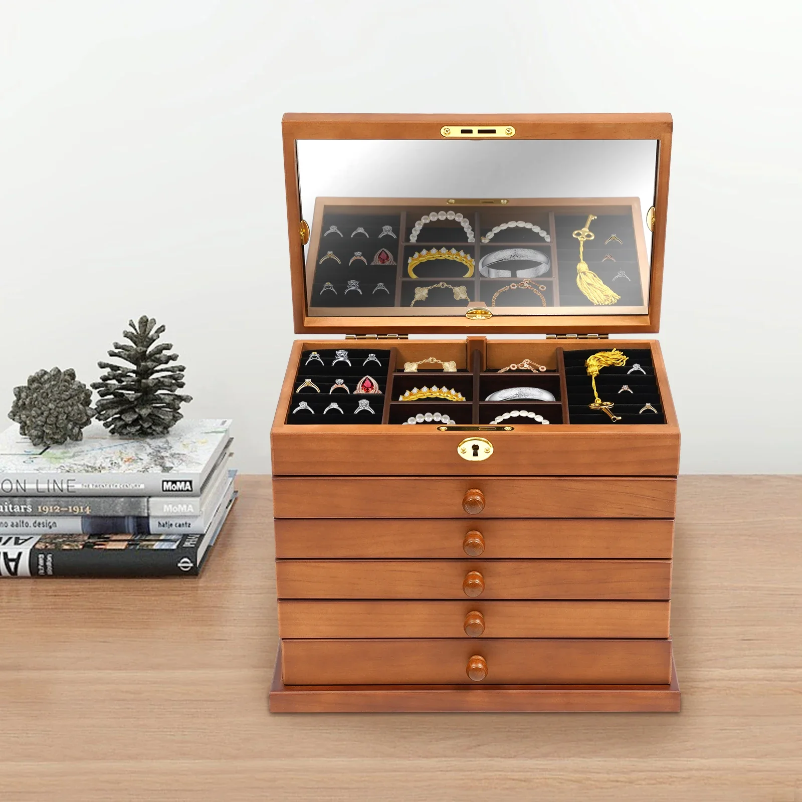 6 Layers Wooden Jewelry Box,Lockable Storage Box ,four-leaf Carving Pattern Wood Multi-Drawer Jewelry Box,with Mirror
6 Layers Wooden Jewelry Box,Lockable Storage Box ,four-leaf Carving Pattern Wood Multi-Drawer Jewelry Box,with Mirror