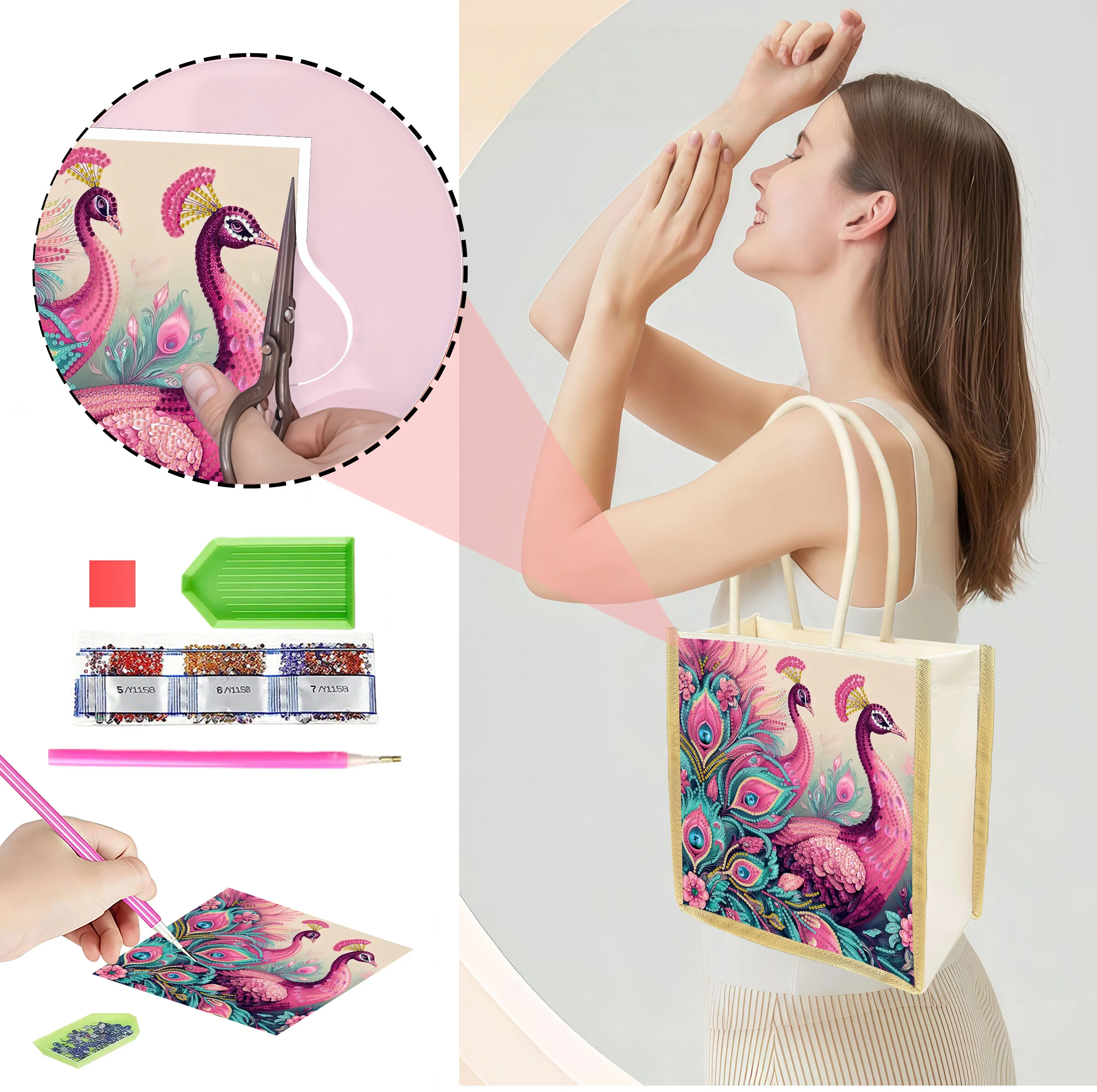 One DIY diamond-patterned handbag featuring a peacock design, suitable for daily storage and carrying out and about.
One DIY diamond-patterned handbag featuring a peacock design, suitable for daily storage and carrying out and about.
