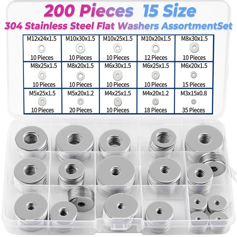 304 Stainless Steel Flat Washers (200 Pcs) – 15 Sizes M3 to M12, Assorted Hardware Kit for Home, Industrial, Bolts & Nuts
304 Stainless Steel Flat Washers (200 Pcs) – 15 Sizes M3 to M12, Assorted Hardware Kit for Home, Industrial, Bolts & Nuts