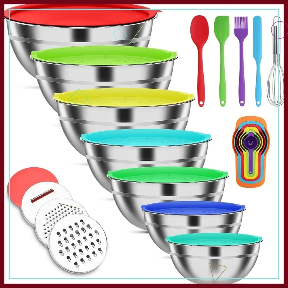 Набор из 7 мисок для смешивания из нержавеющей стали с крышками и 3 терками, объемом от 4,5 до 0,7 кварт, идеально подходит для кухни, приготовления пищи, выпечки и сервировки.
Набор из 7 мисок для смешивания из нержавеющей стали с крышками и 3 терками, объемом от 4,5 до 0,7 кварт, идеально подходит для кухни, приготовления пищи, выпечки и сервировки.