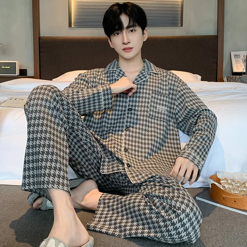 2025 New Pajamas Men's Spring and Autumn Pure Cotton Nightwear Casual Korean Long-Sleeved Pants Cardigan Loungewear Set
2025 New Pajamas Men's Spring and Autumn Pure Cotton Nightwear Casual Korean Long-Sleeved Pants Cardigan Loungewear Set