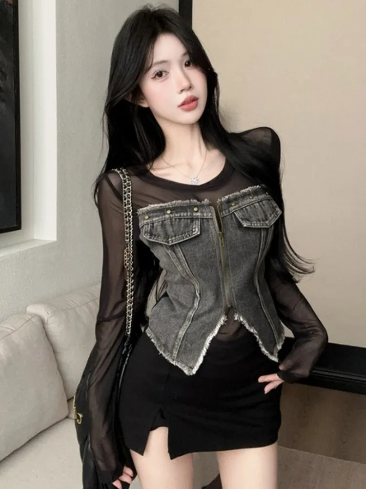 French Style Pure Desire Sweet Spicy Girl Denim Mesh Splice Slim Long Sleeve T-Shirt Women's Base Shirt Slightly Transparent ...
French Style Pure Desire Sweet Spicy Girl Denim Mesh Splice Slim Long Sleeve T-Shirt Women's Base Shirt Slightly Transparent ...